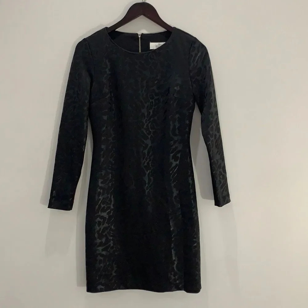 Belle Badgley Mischka || Black Leopard print dress knee length long sleeve size4